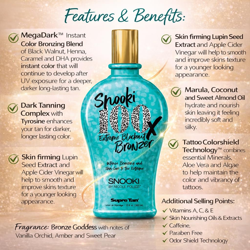 Supre Snooki 100x Extreme packaging highlights Tyrosine-based dark tanning complex