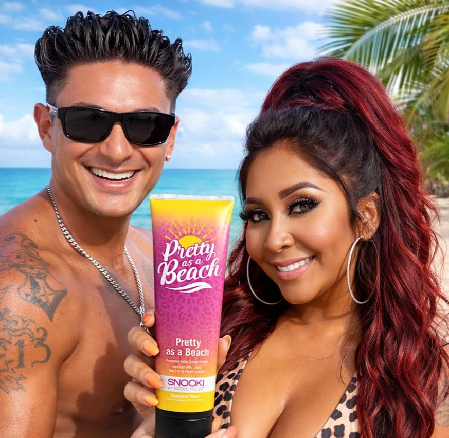 Front of Supre Snooki Pretty As A Beach bronzer bottle with embossed label