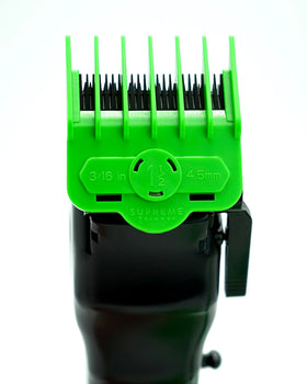 Magnetic guards snap securely for quick length changes during styling