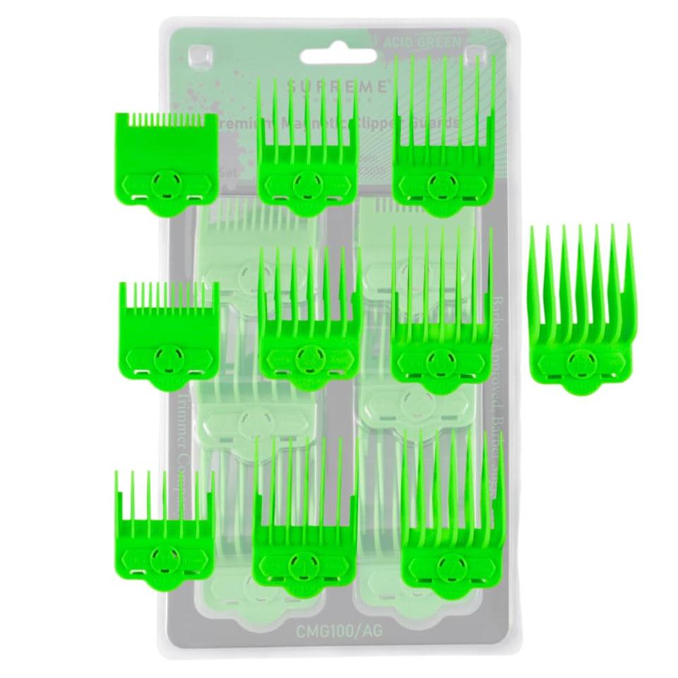 Supreme Trimmer CMG100 magnetic guide guards on acid green for precise haircuts