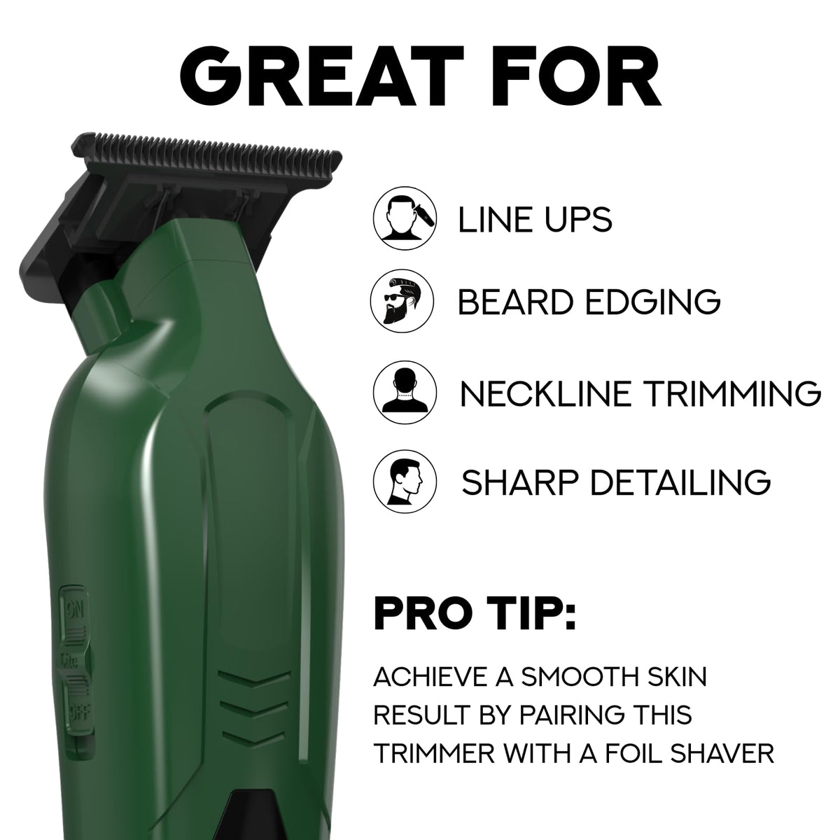 Vader Lite zero-gap DLC T-blade for crisp edge-ups and close trimming.