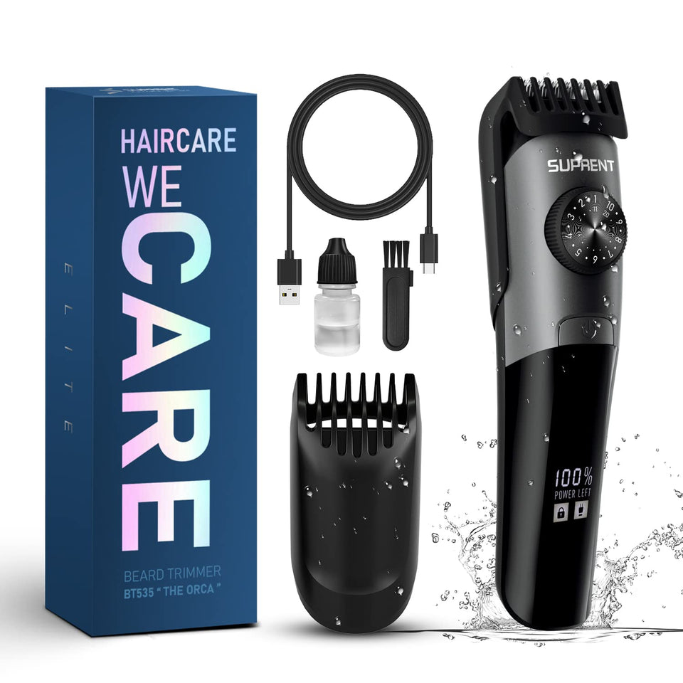 SUPRENT beard trimmer IPX7 waterproof for wet or dry grooming.