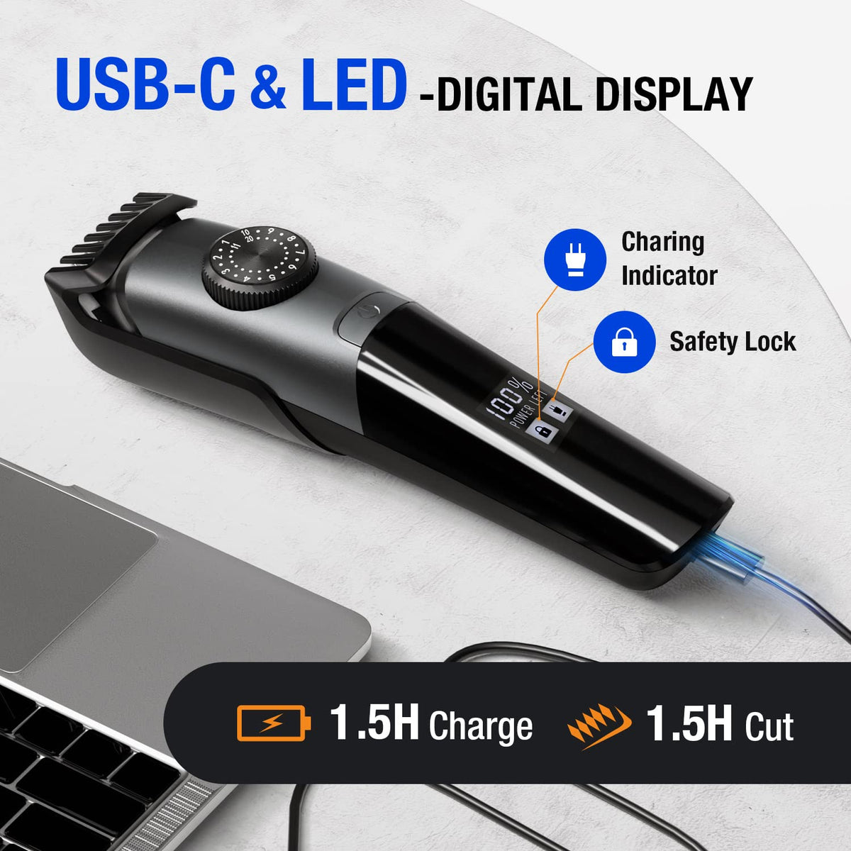 SUPRENT beard trimmer LED display shows battery level at a glance.