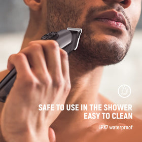 SUPRENT trimmer with skin-friendly blades for smooth, nick-free grooming.