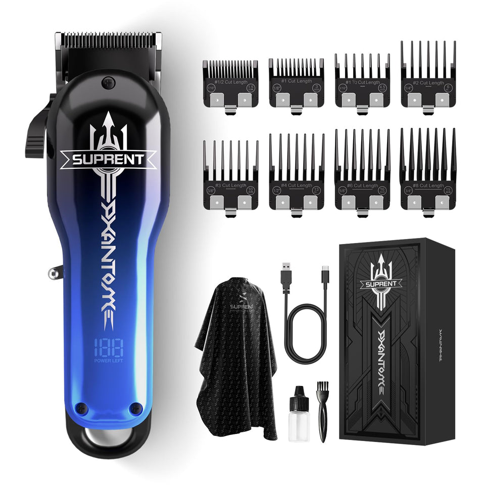 SUPRENT Phantom clipper front view in blue gradient, ideal for precise fades and professional styling