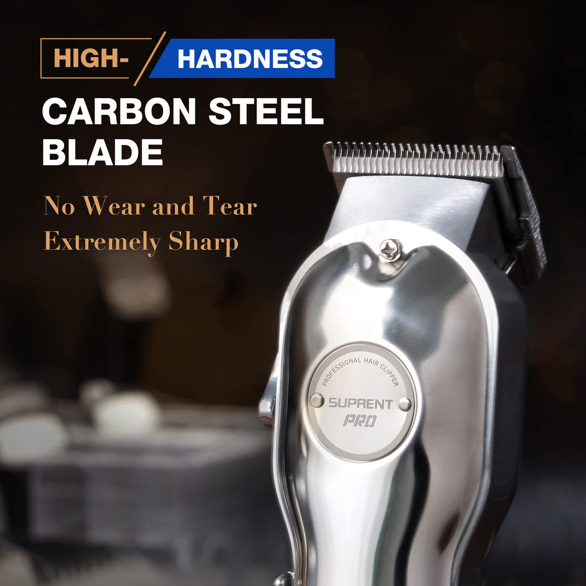SUPRENT Pro carbon steel blades close-up showing lasting sharpness for all hair types.