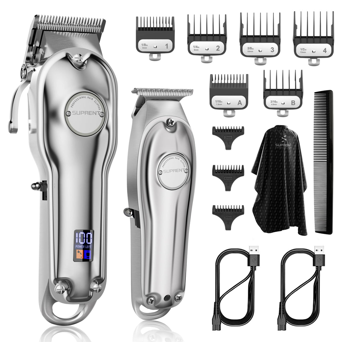 SUPRENT Pro hair clipper kit in silver with ergonomic grip for precise barber cuts.