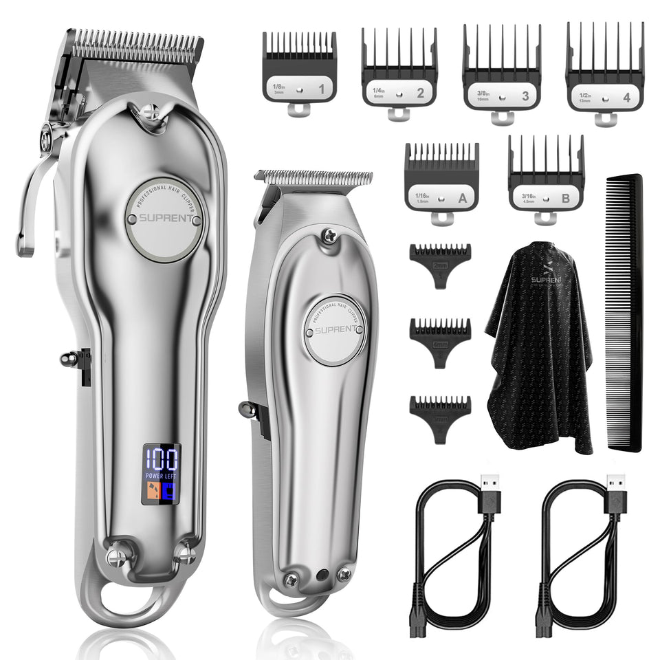 SUPRENT Pro hair clipper kit in silver with ergonomic grip for precise barber cuts.