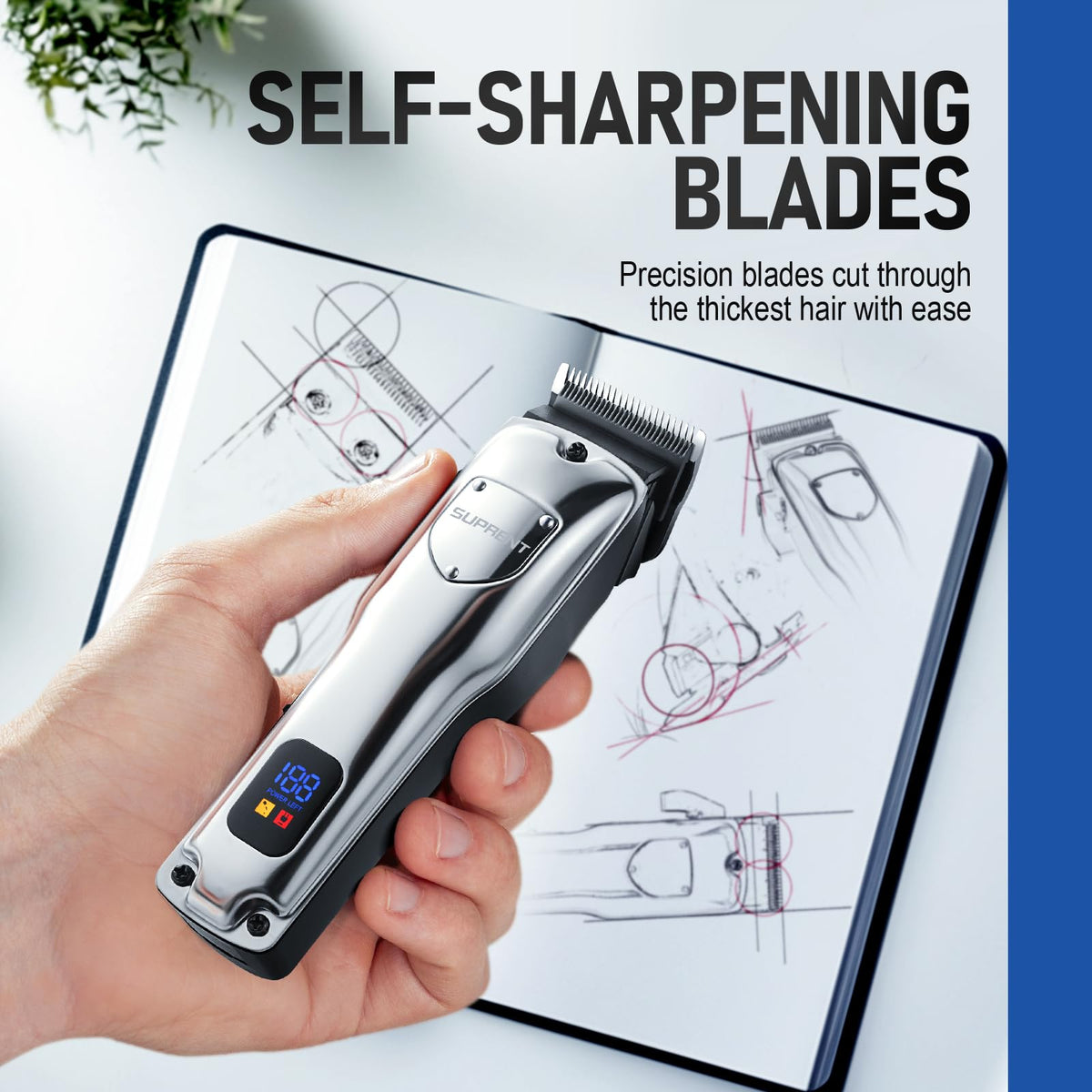 Suprent self-sharpening blades glide through hair with precision