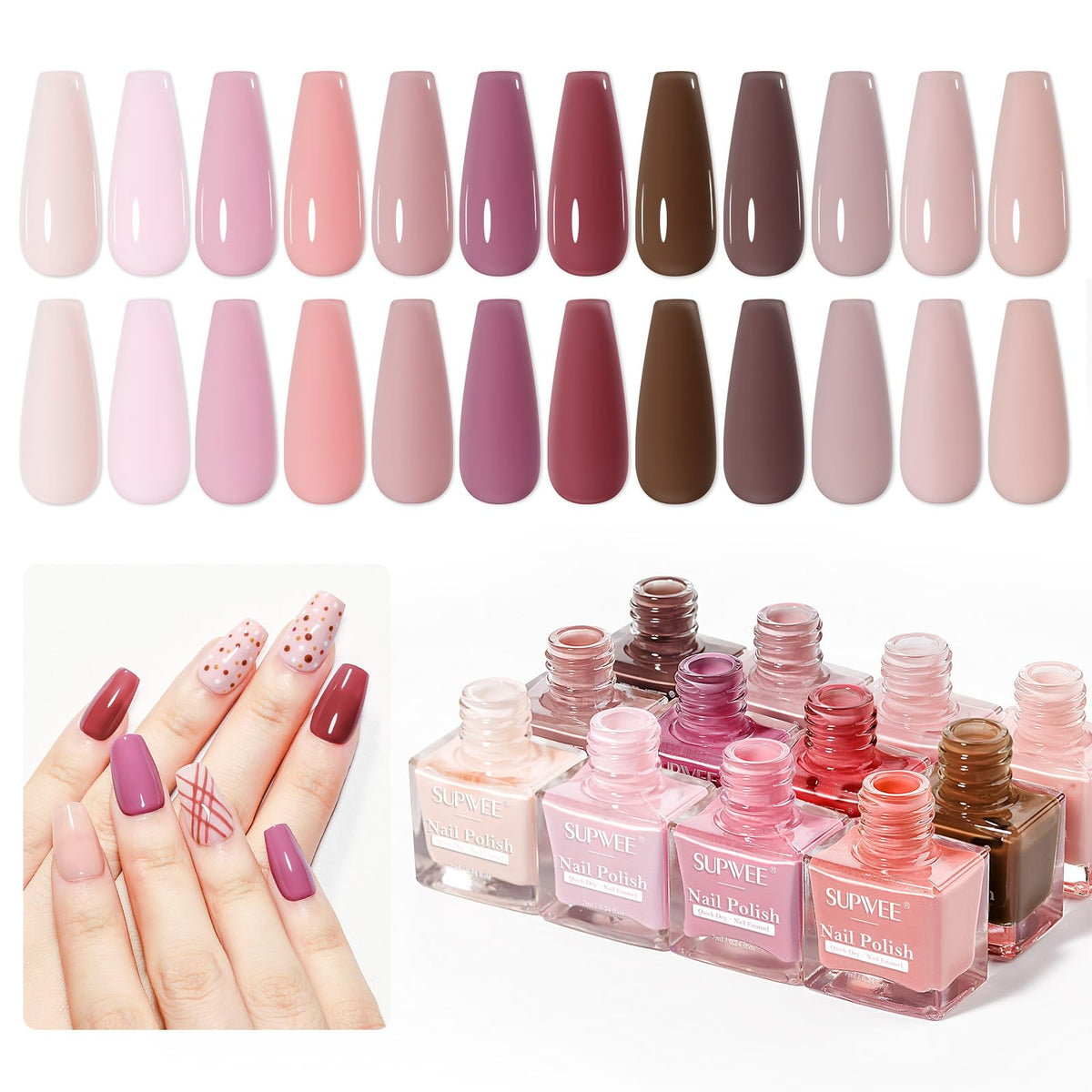 SUPWEE 12-color nail polish set swatches showing nude to pink for versatile looks