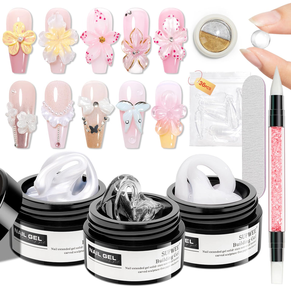 SUPWEE 3D sculpting gel kit in clear for at-home nail extensions.