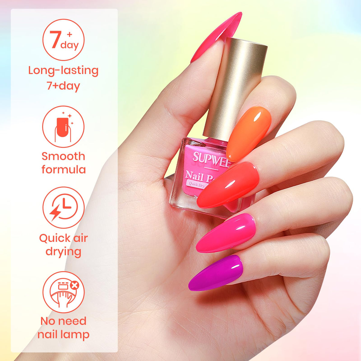 SUPWEE Bright Neon pink shade swatch for playful daytime nails.