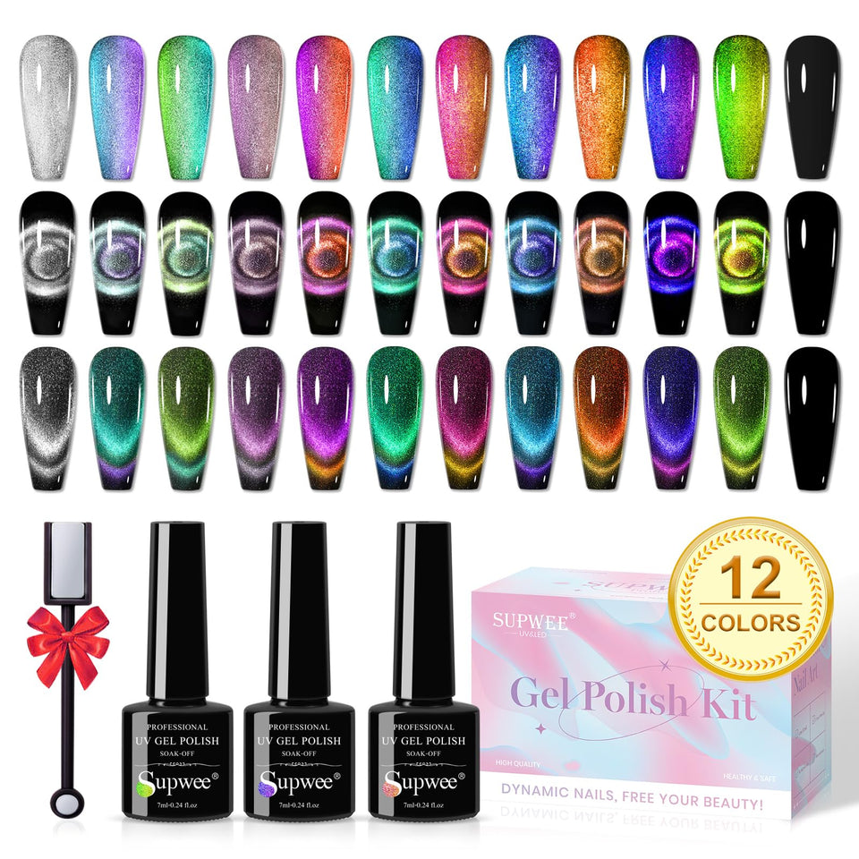 SUPWEE Cat Eye color swatches show the 12‑color palette for DIY manicures