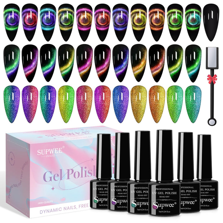 SUPWEE Cat Eye Gel Polish Galaxy collection box shows vibrant color shifts for dynamic manicures.
