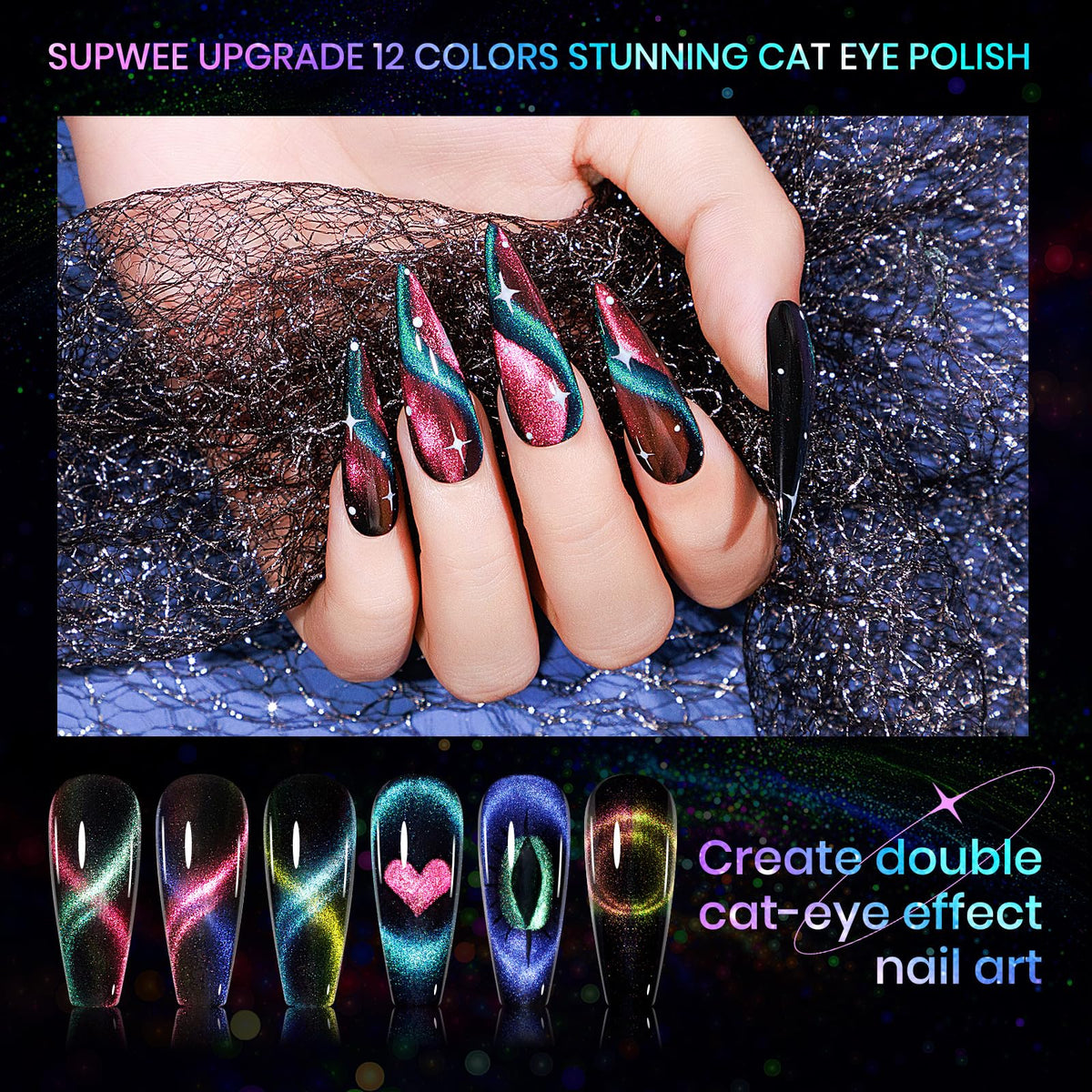 SUPWEE cat-eye gels on nail tips with shimmering effect
