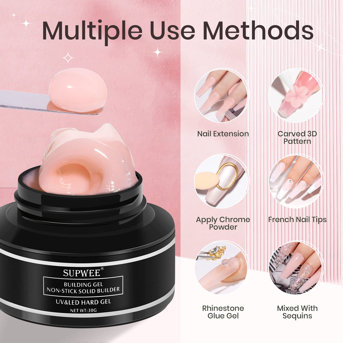 SUPWEE nude builder gel ideal for natural-looking extensions and sculpted nails.