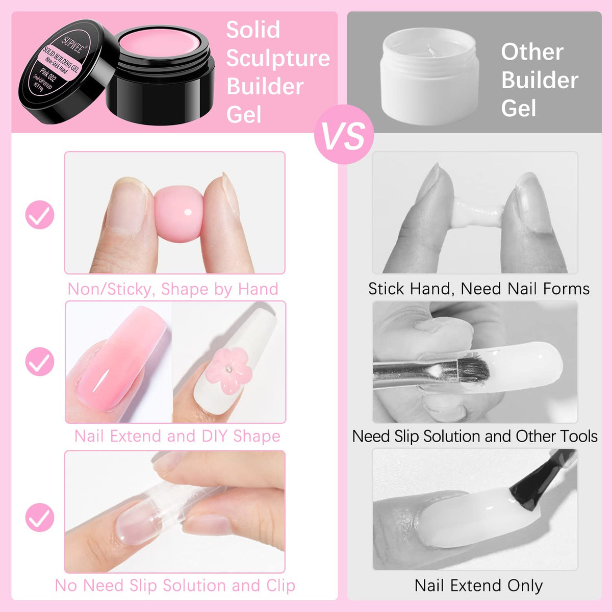 SUPWEE Solid Builder Gel seamless manicure with natural-looking extensions.