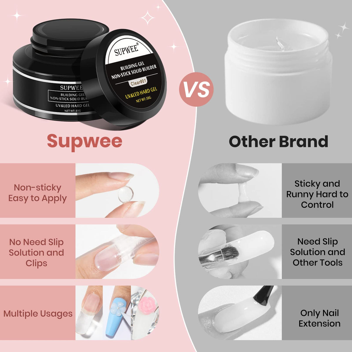 SUPWEE solid builder gel in white for precise 3D sculpting and crisp lines.