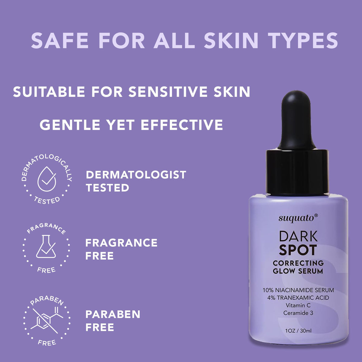 Daily skincare setup with Suquato serum beside sunscreen and moisturizer.