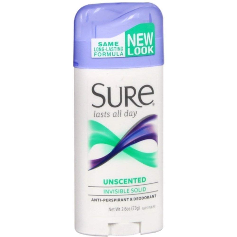 Sure Invisible Solid Unscented antiperspirant deodorant bottle providing discreet all-day protection.