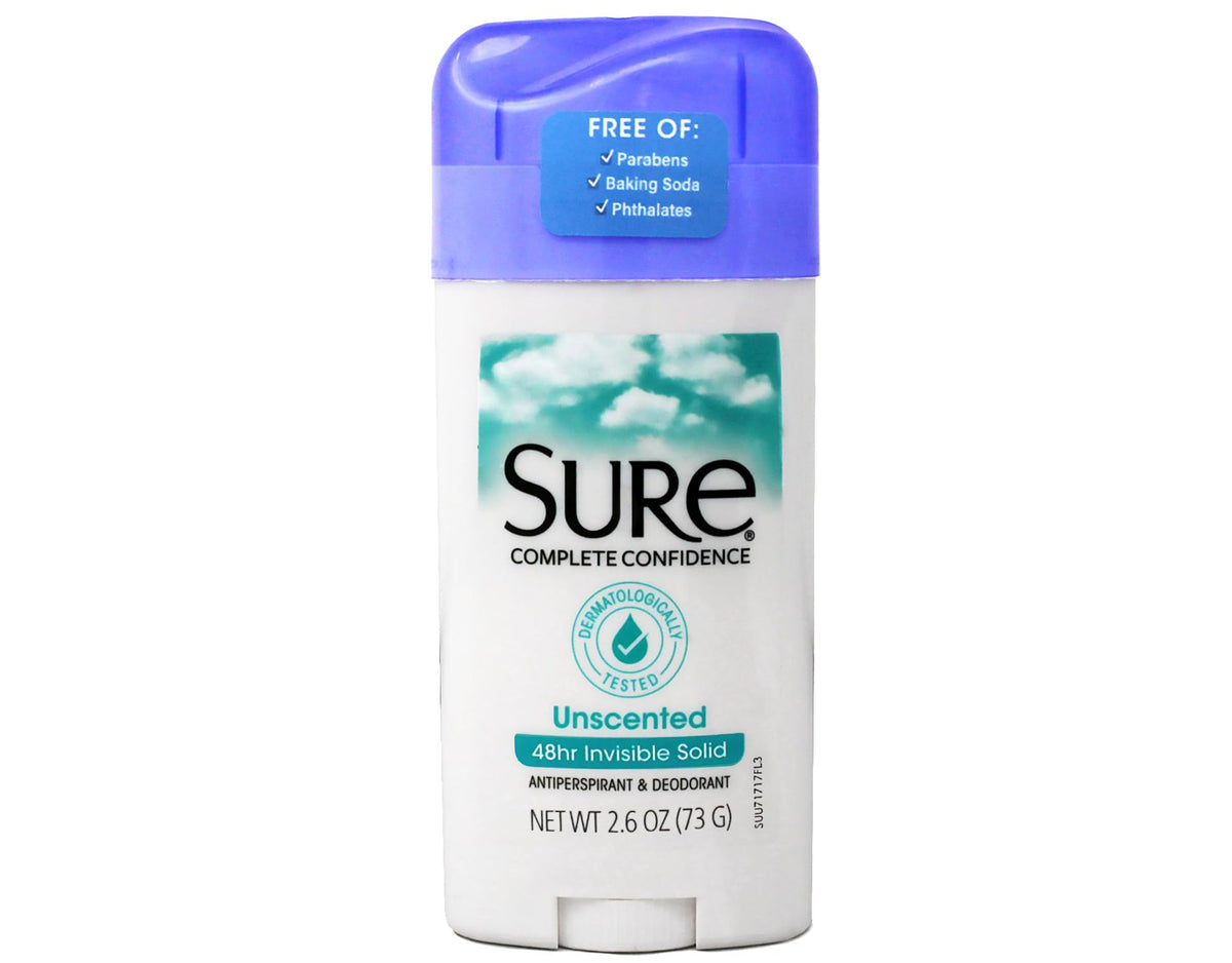 Sure invisible solid unscented label close-up highlights fragrance-free use.