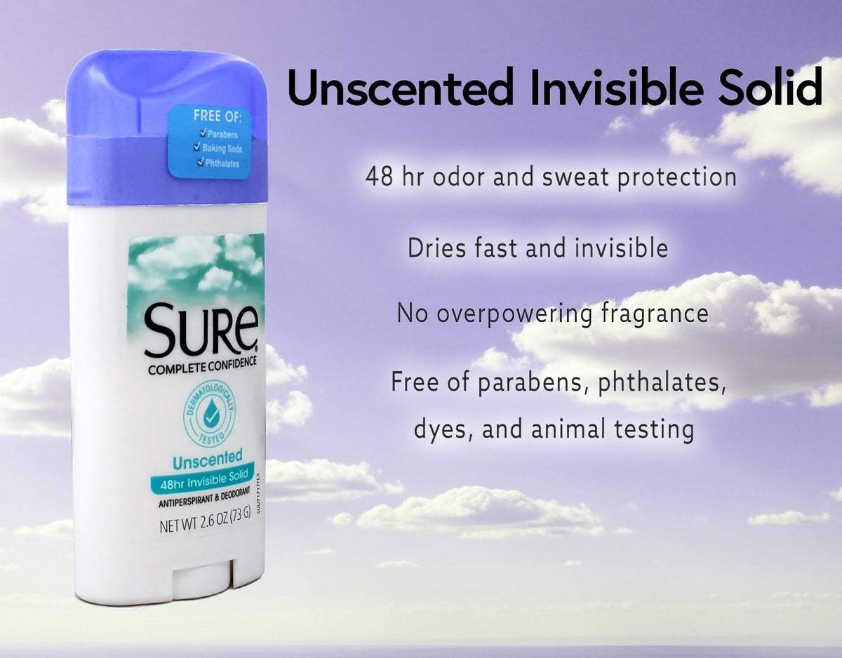 Sure invisible solid unscented packaging box highlights unscented option.