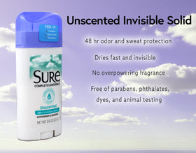 Sure invisible solid unscented packaging box highlights unscented option.