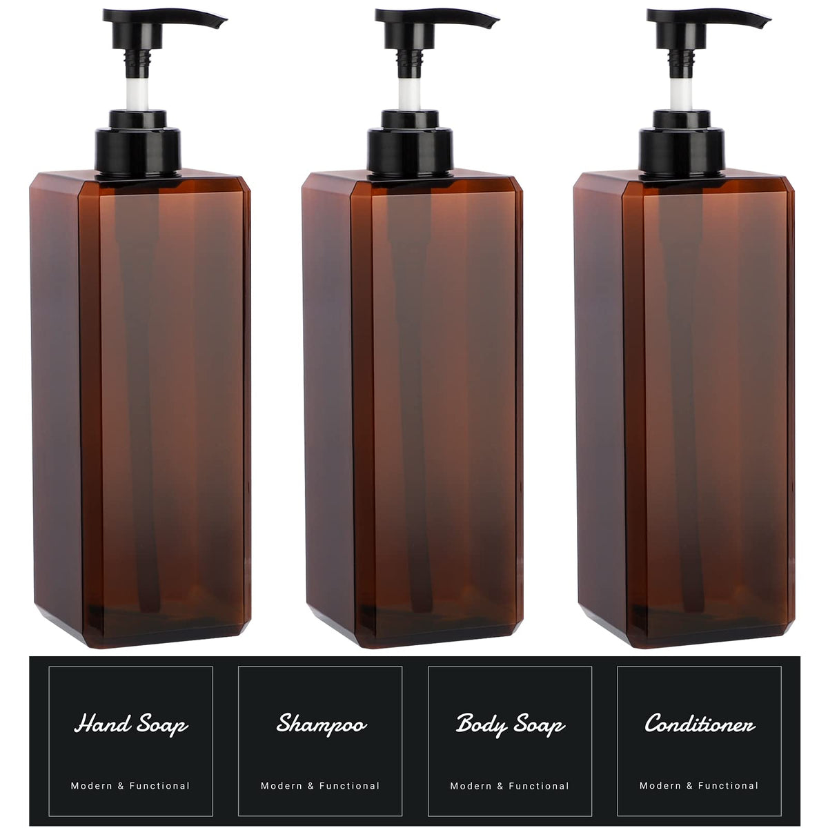 Suream shampoo bottle with pump, clear body shows remaining liquid.