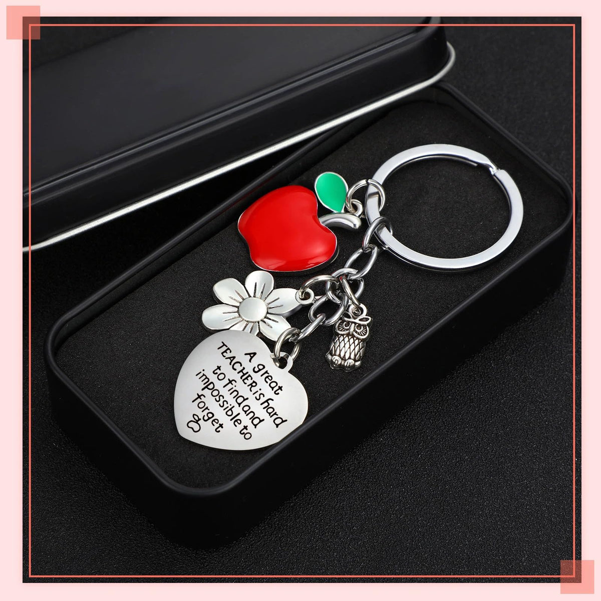Sureio heart pendant keychain with fruit motif and gratitude message.