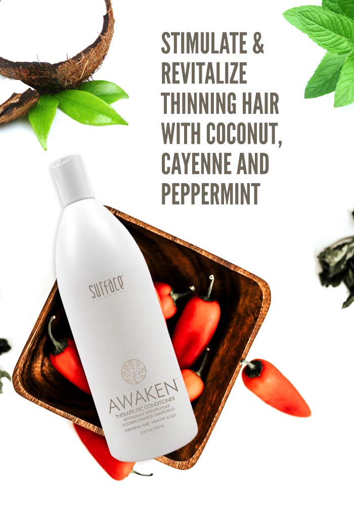 Close-up of vegan amaranth protein on SURFACE Awaken conditioner label