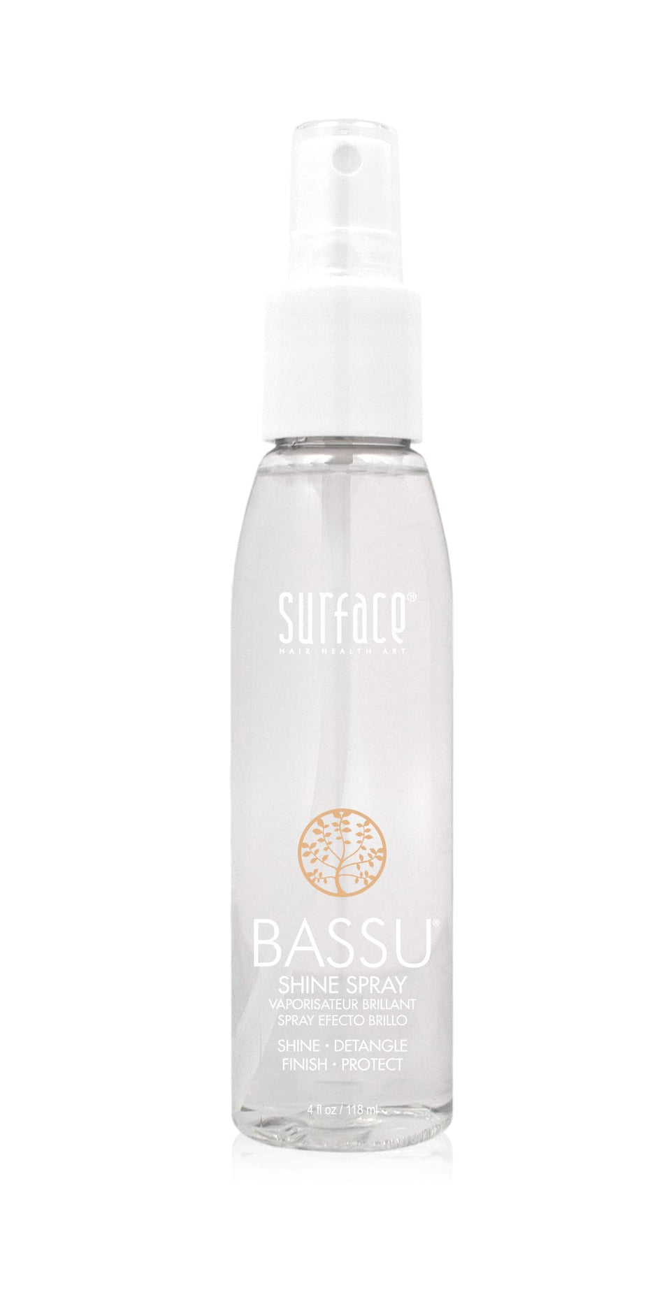 Surface Bassu Leave-In Shine Spray bottle demonstrates detangling and radiant shine for healthier-looking hair