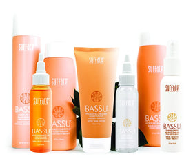 SURFACE Bassu Moisture Shampoo packaging variation on a neutral backdrop, sustainable design.