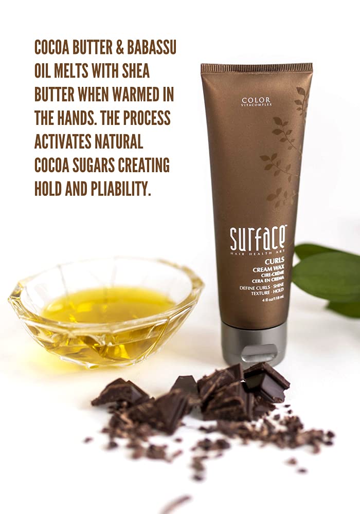 Bottle with Surface Curls Cream Wax highlights cocoa, shea, and babassu oils