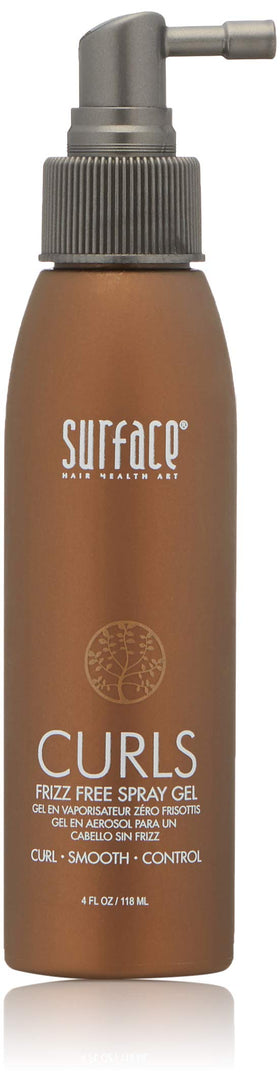 SURFACE Frizz Free Spray Gel bottle delivering lightweight frizz control for curls.