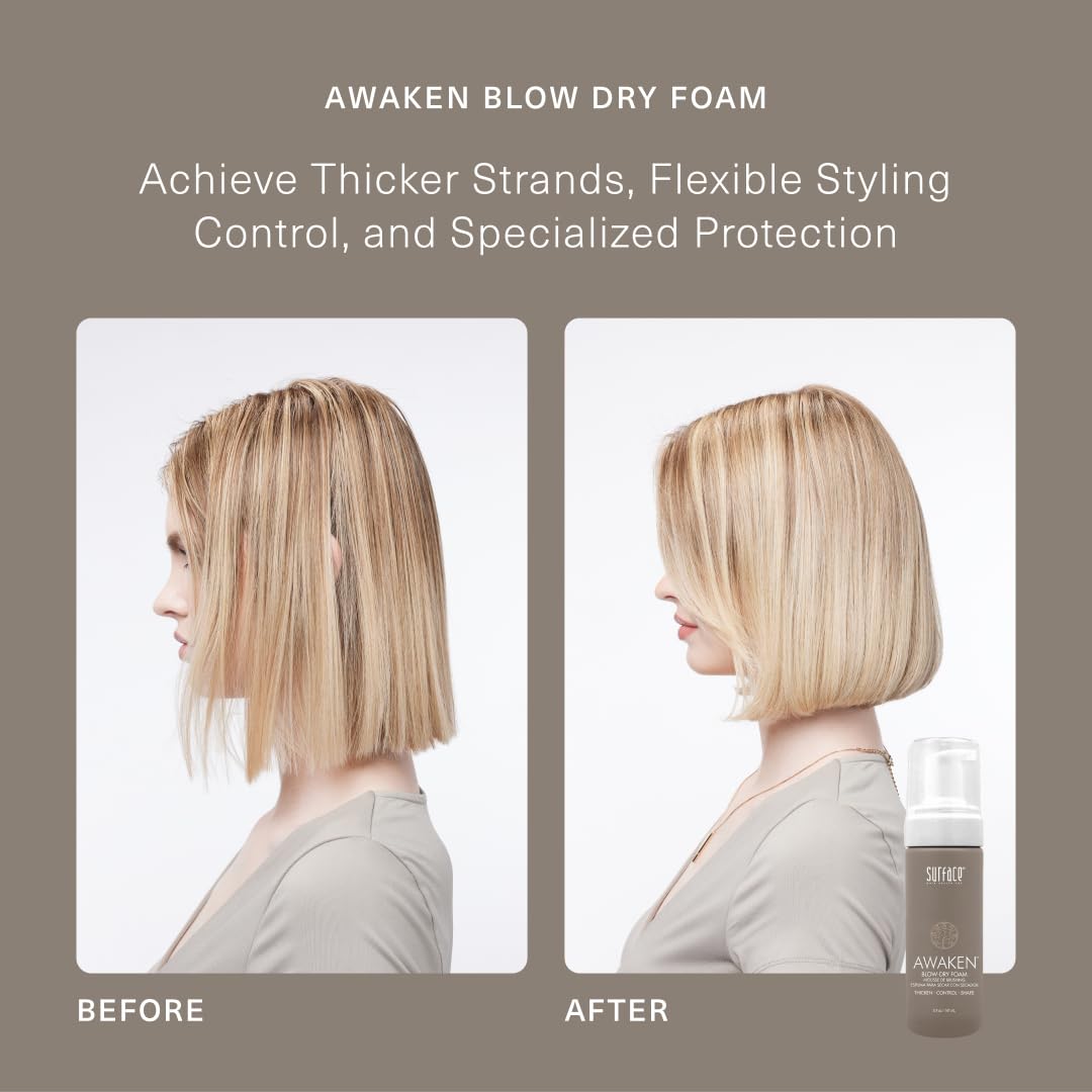 Hands applying SURFACE Awaken foam to damp hair for even coverage
