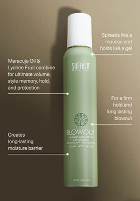 Surface Hair Blowout Gel Mousse dispense tip enables easy application.