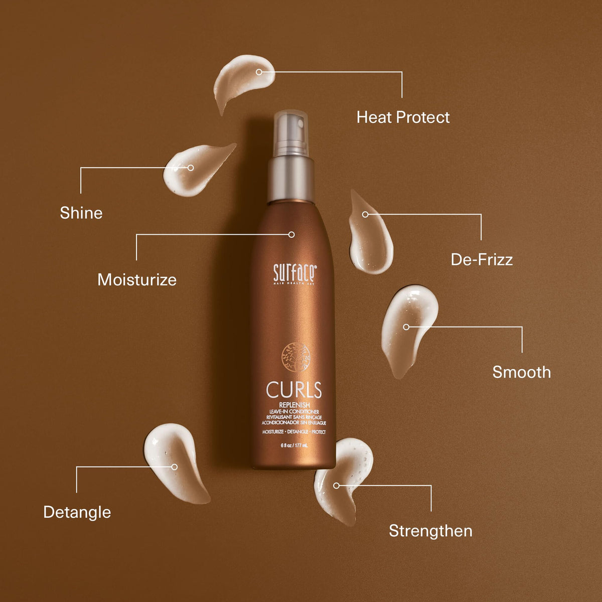 SURFACE Hair Curls Replenish bottle highlighting organic cocoa butter for nourishment.