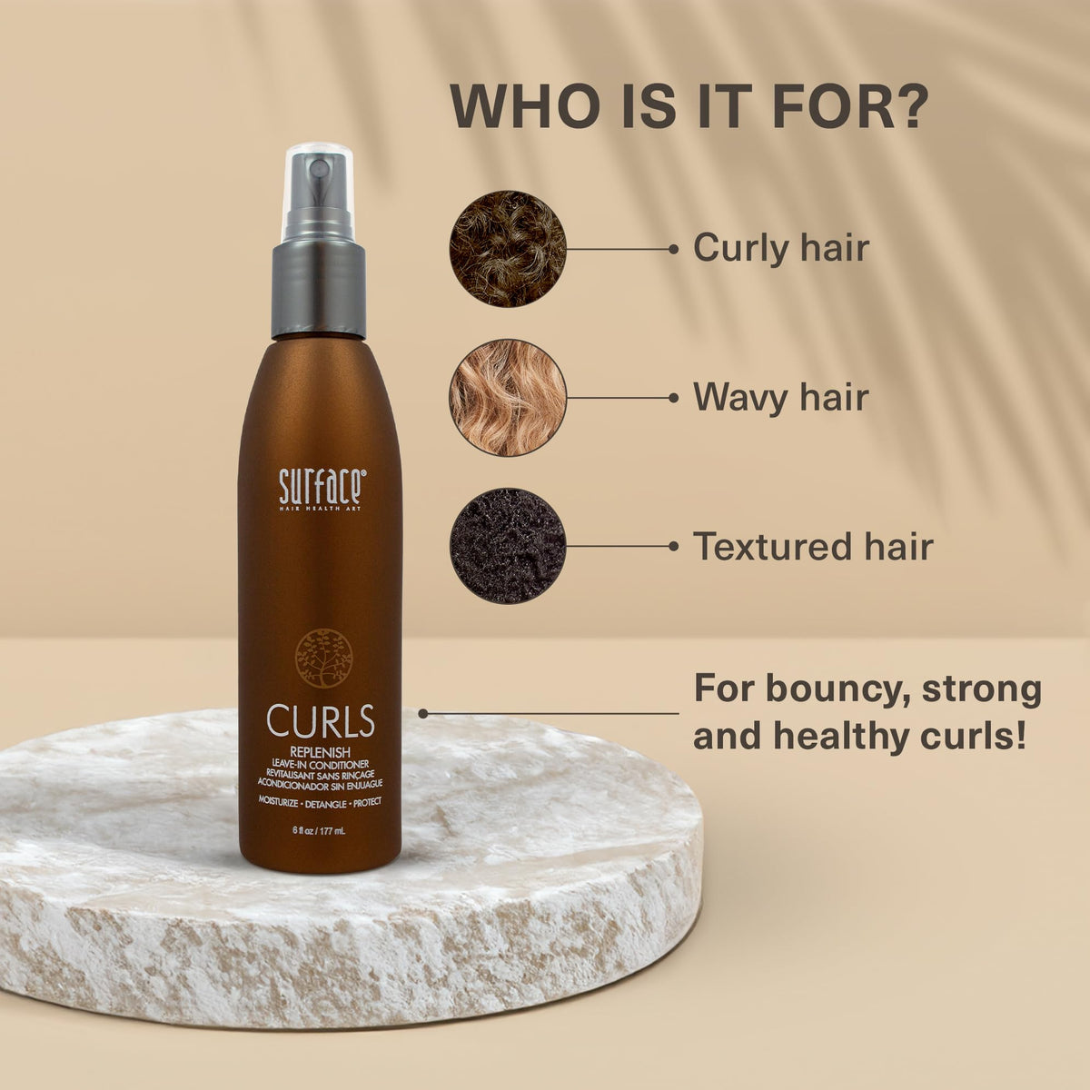 SURFACE Hair Curls Replenish spray evenly detangles damp hair for simpler styling.