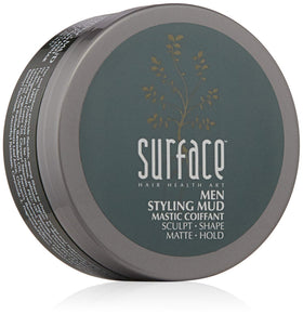 SURFACE Hair Men Styling Mud jar closeup shows matte finish and flexibility.