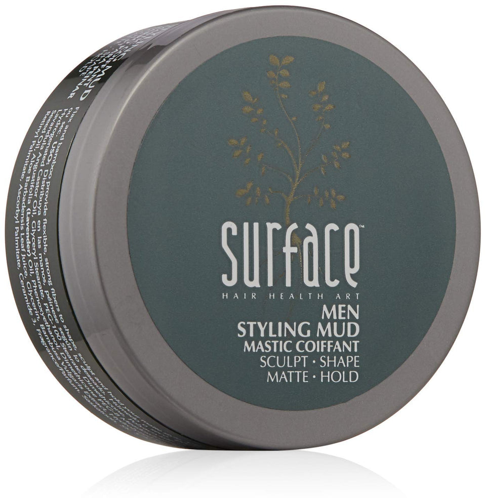 SURFACE Hair Men Styling Mud jar closeup shows matte finish and flexibility.