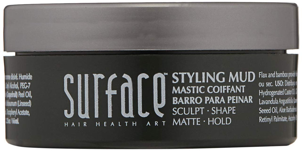 SURFACE Hair Men Styling Mud texture closeup reveals flax and bamboo fibers.
