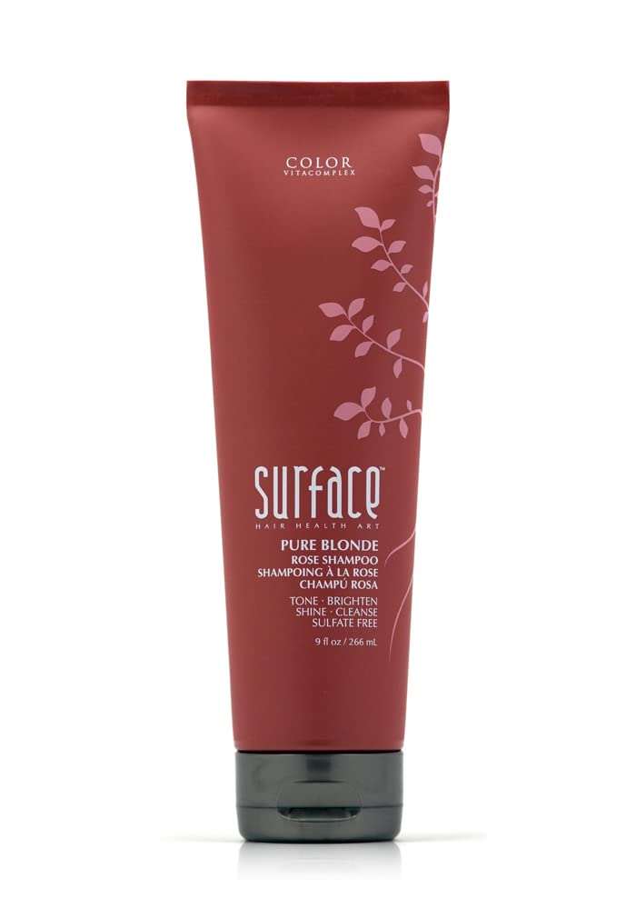Surface Hair Pure Blonde Rose Shampoo bottle shows violet formula that tones blonde hair.