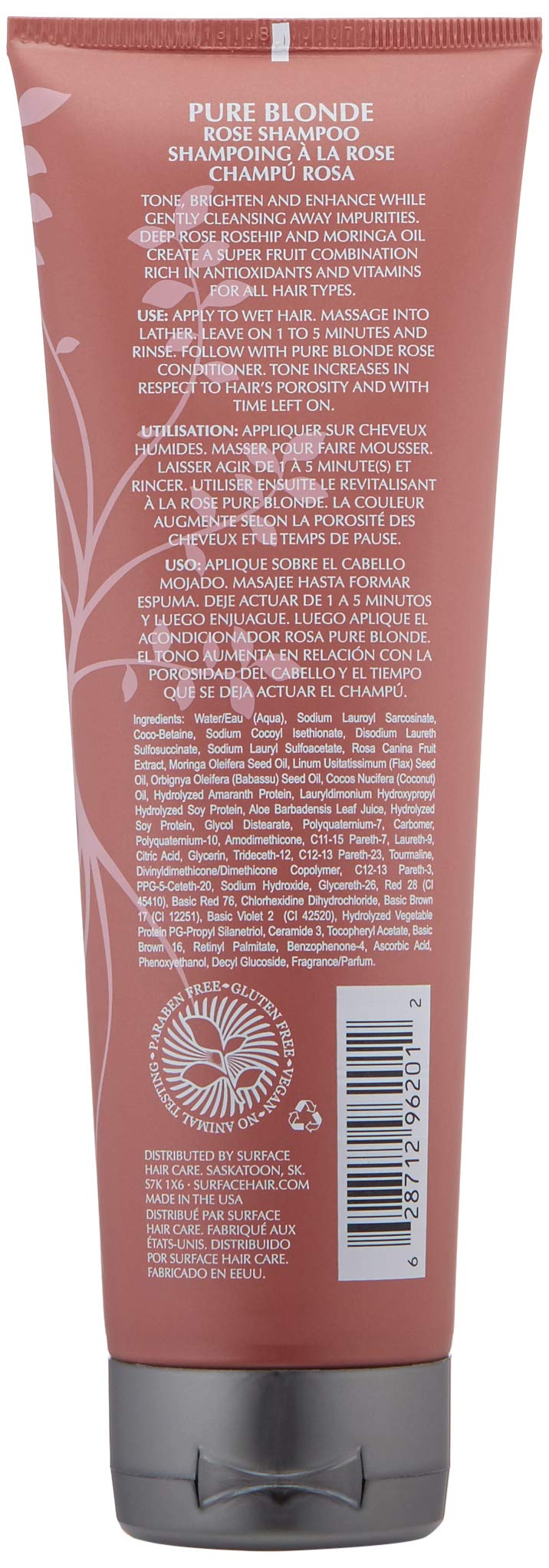 Surface Hair Pure Blonde Rose Shampoo lathers on hair for gentle cleansing with rosy tint.