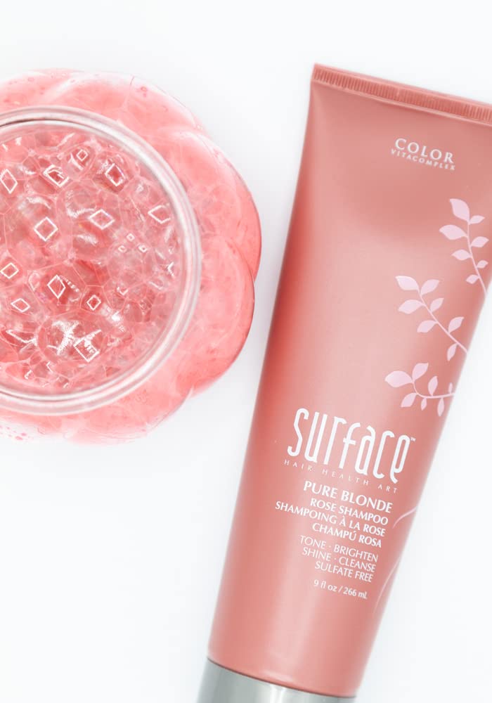 Surface Hair Pure Blonde Rose Shampoo uses purple pigments to neutralize brass and brighten cool tones.