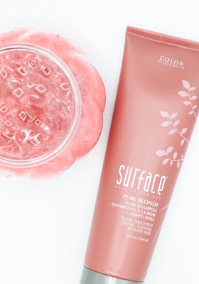 Surface Hair Pure Blonde Rose Shampoo uses purple pigments to neutralize brass and brighten cool tones.