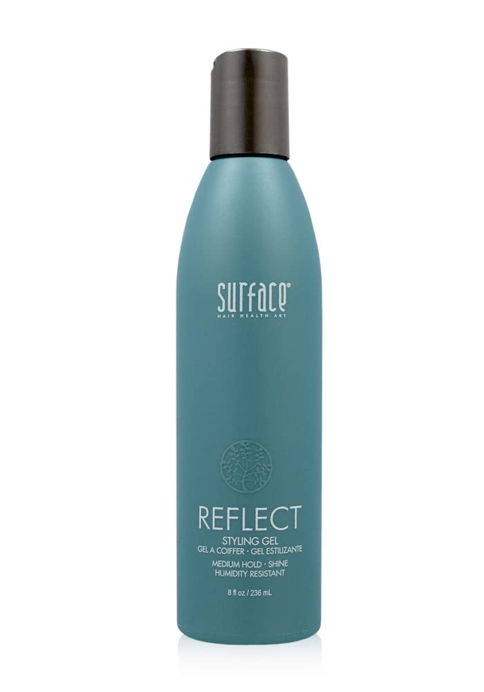 Surface Hair Reflect Styling Gel bottle pour demonstrates humidity-resistant hold and high shine.