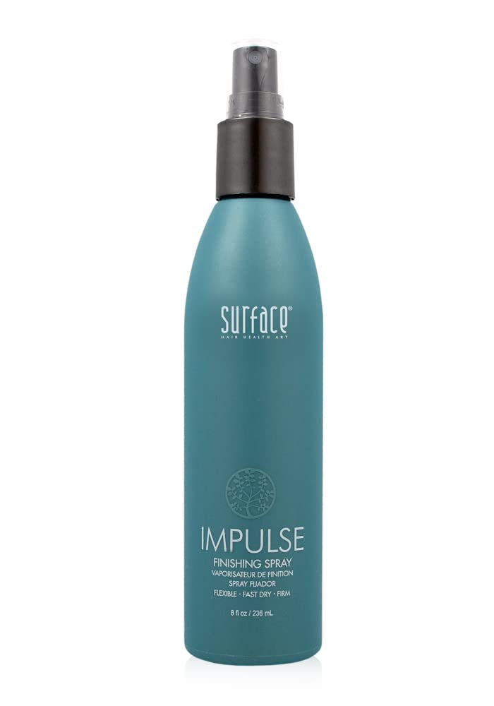 Surface Impulse Finishing Spray bottle on a vanity demonstrates quick-dry, flexible hold.