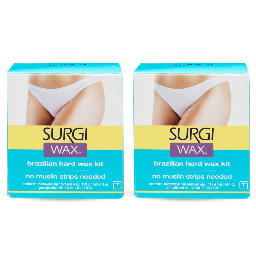 Surgiwax Brazilian hard wax kit packaging shows two compact packs for home use.