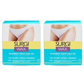 Surgiwax Brazilian hard wax kit packaging shows two compact packs for home use.