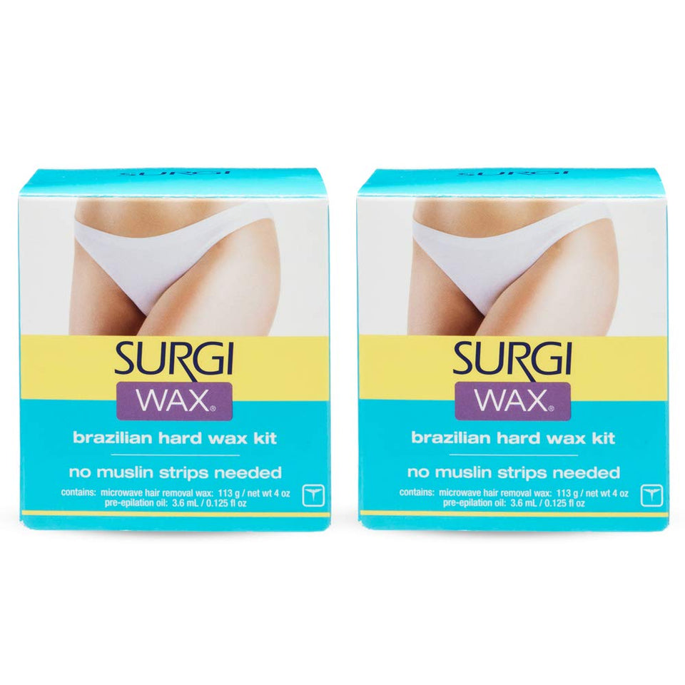 Surgiwax Brazilian hard wax kit packaging shows two compact packs for home use.